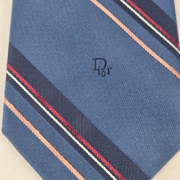 Christian Dior Men's Tie Silk Blend Blue with Multicolor Diagonal Stripes Office - Picture 3 of 7